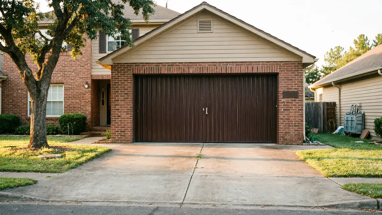 A brown garage door is on a brick house with a large tree in the front yard.