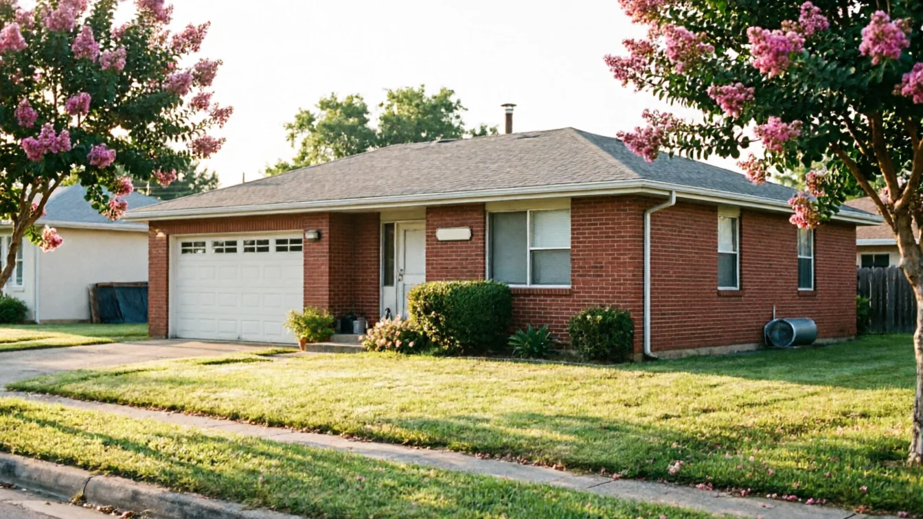 A red brick house with a white garage door and pink flowering trees.