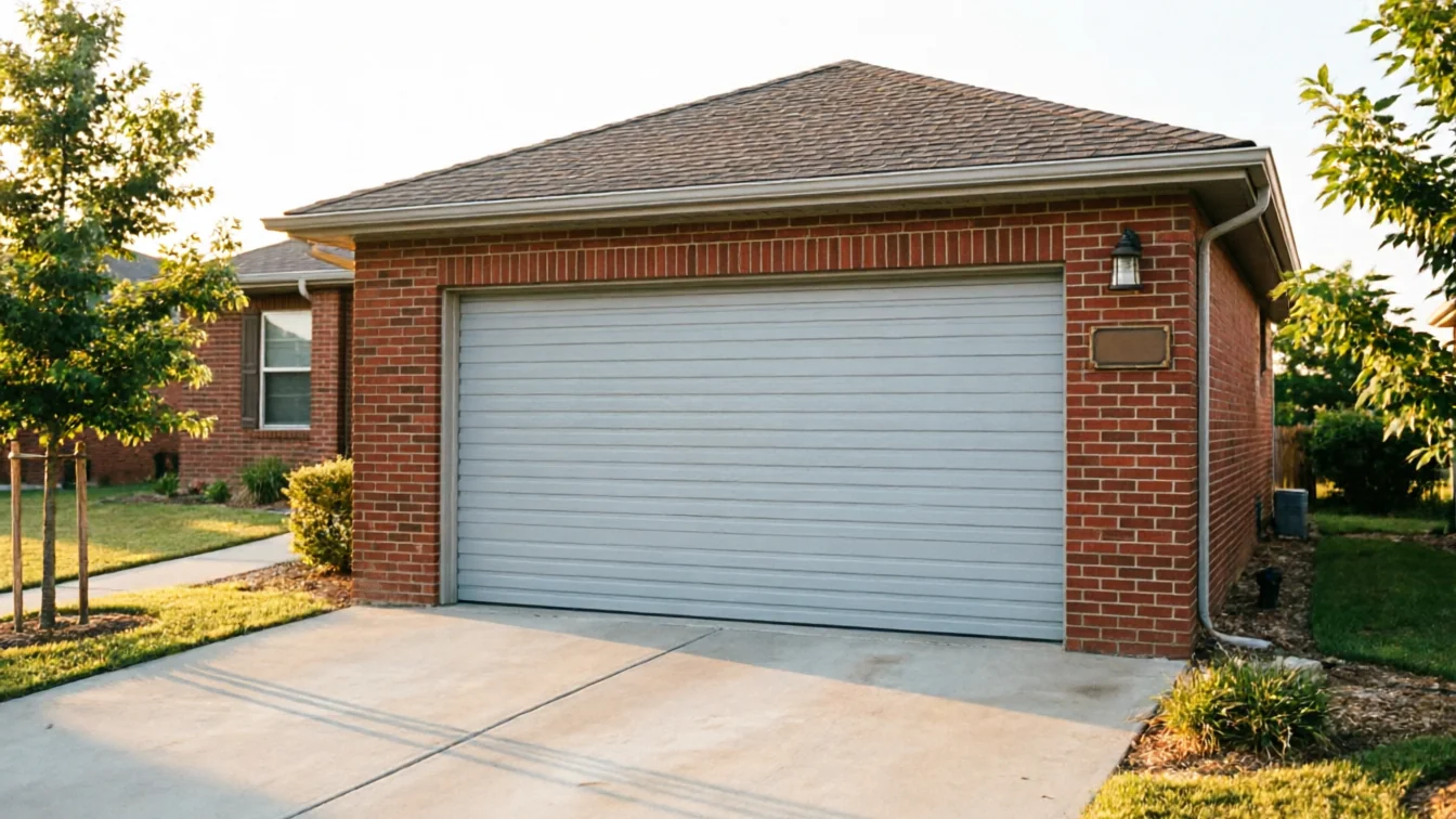 A gray garage door is on a red brick house with a brown roof.
