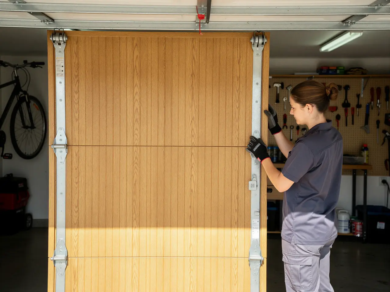 A technician in gloves adjusts a light brown garage door with metal hinges.