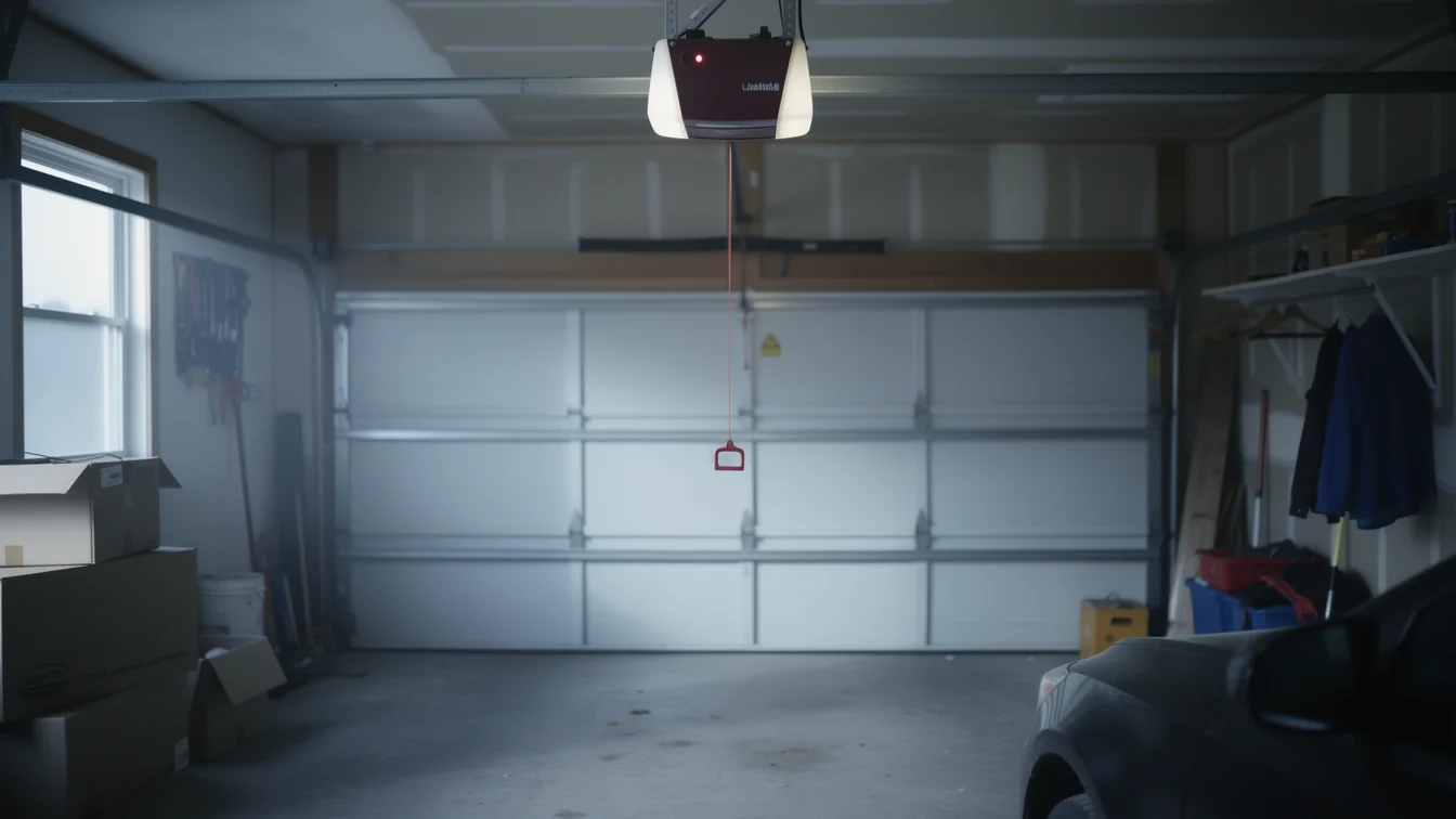 A garage door opener hangs above a white garage door inside a garage.