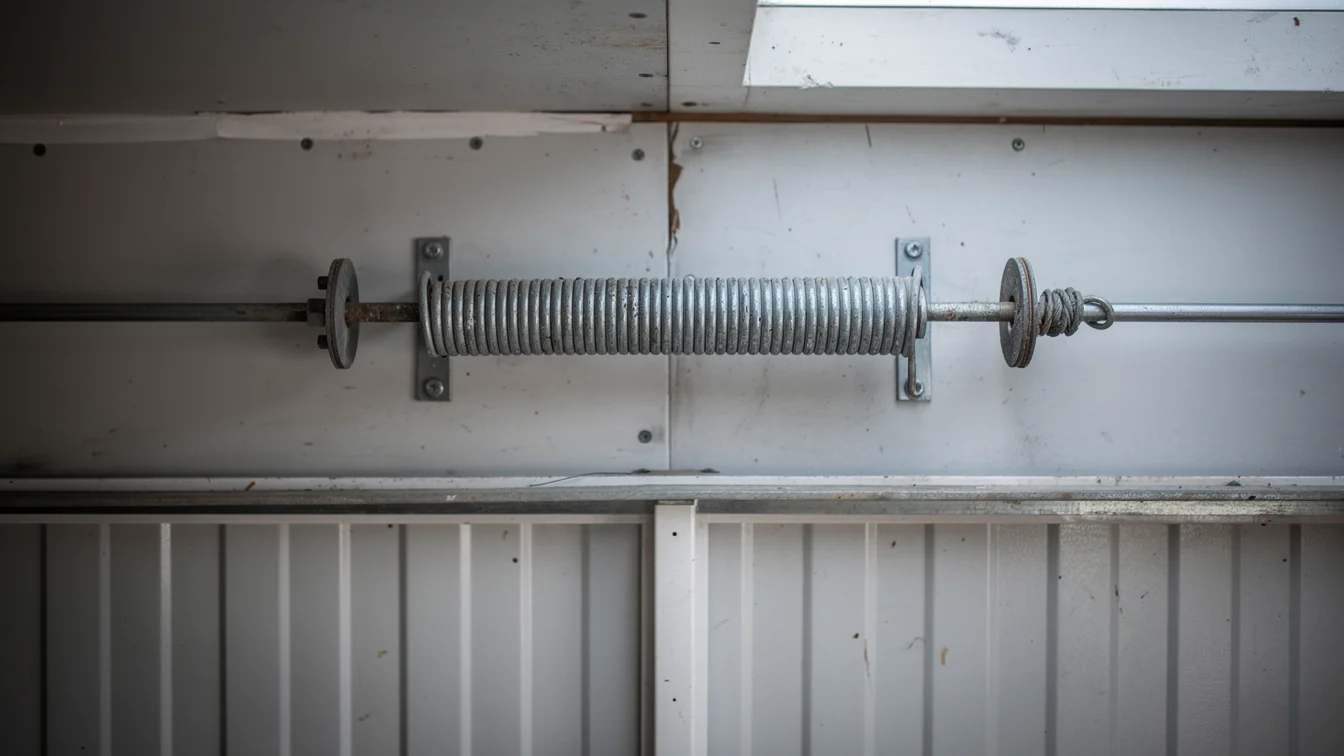 A garage door torsion spring is mounted on a white wall above a white garage door.